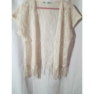 Maurices Womens S/M Cream‎ Crochet Open Front Short Sleeve Cardigan Fringe Boho